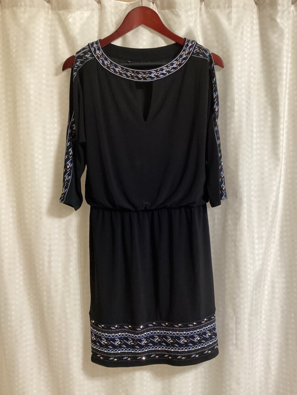 White House Black Market Black Dress with Blue, White & Tan Trim